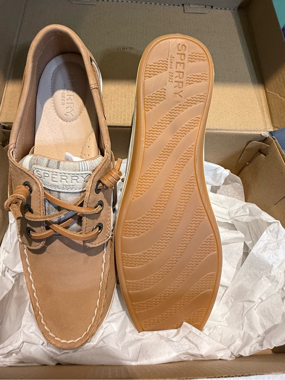 Sperry Tan Suede and Cream Striped Boat Shoes - Picture 4 of 6